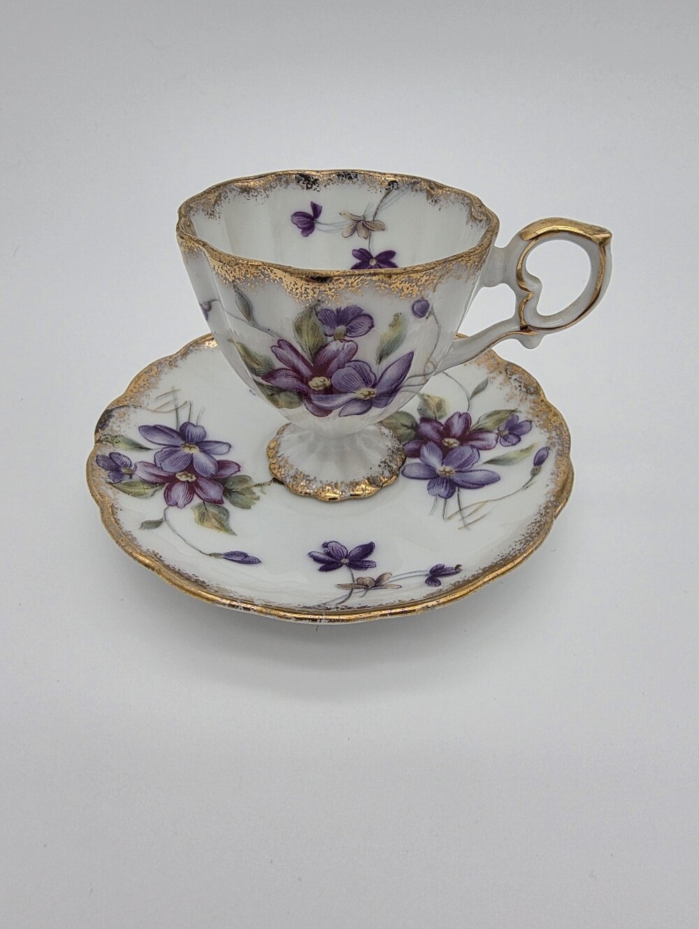 Vintage Japanese Fine Bone China teacup Saucer Set Purple Violets and Gold Trim